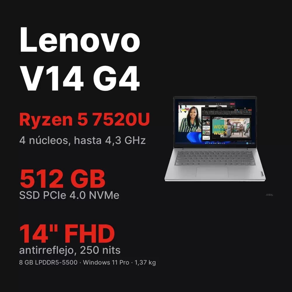 Lenovo V14 G4 – Notebook 14" Ryzen 5 7520U, 8 GB, 512 GB - Miniatura 6 en LEMM DJ Store