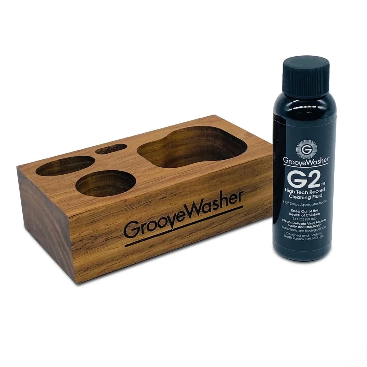 GrooveWasher – Bloque Expositor de Nogal + Líquido Limpiador G2 2oz - Variante en LEMM DJ Store