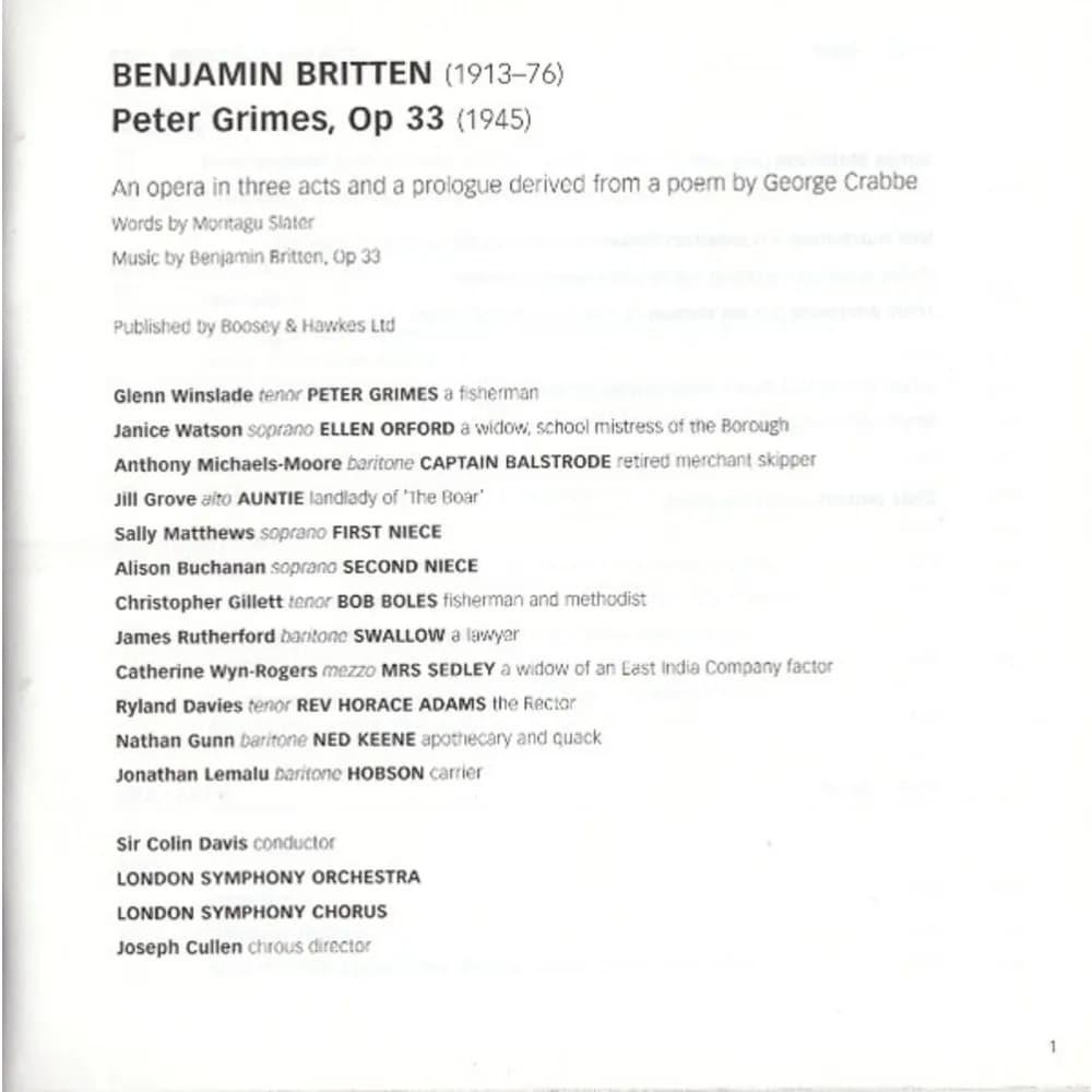 Benjamin Britten - Sir Colin Davis, London Symphony Orchestra, Glenn Winslade, Janice Watson, Anthony Michaels-Moore, Catherine Wyn-Rogers, Jill Grove, James Rutherford, Jonathan Lemalu - Peter Grimes (CD Triple (3CD) nuevo)
