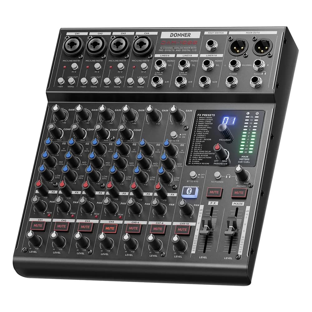 Donner DAM1000 – Mesa de Sonido de 10 Canales con USB, Bluetooth, Compresores y Efectos
