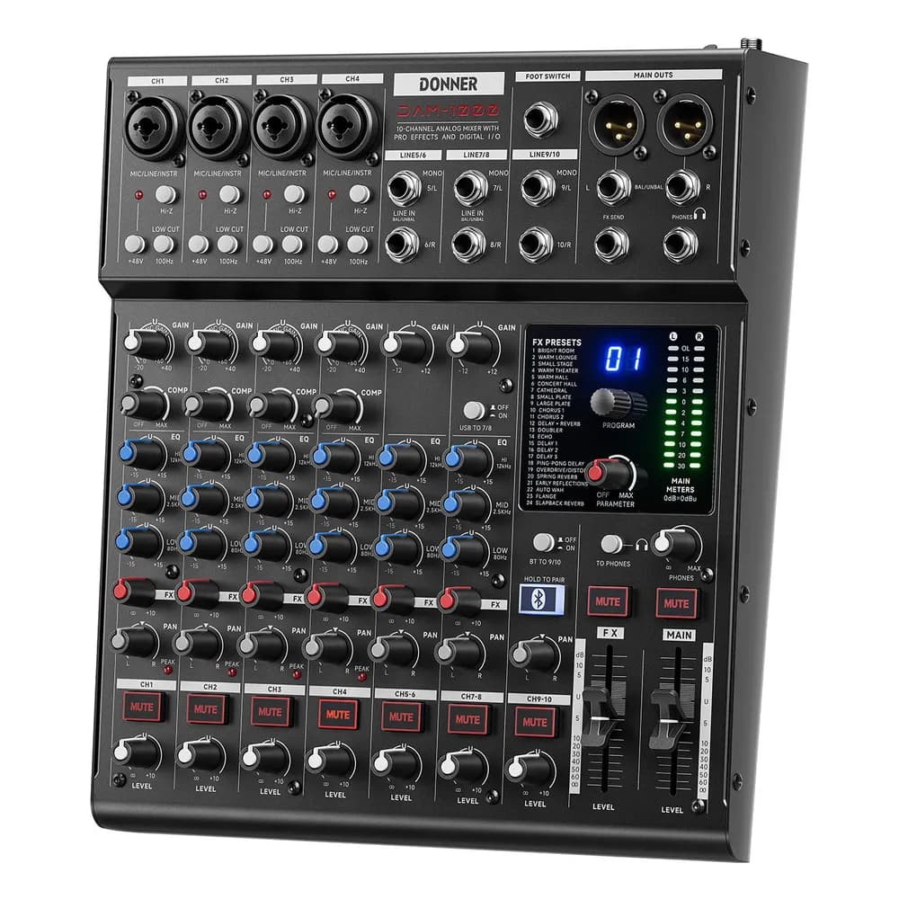 Donner DAM1000 – Mesa de Sonido de 10 Canales con USB, Bluetooth, Compresores y Efectos