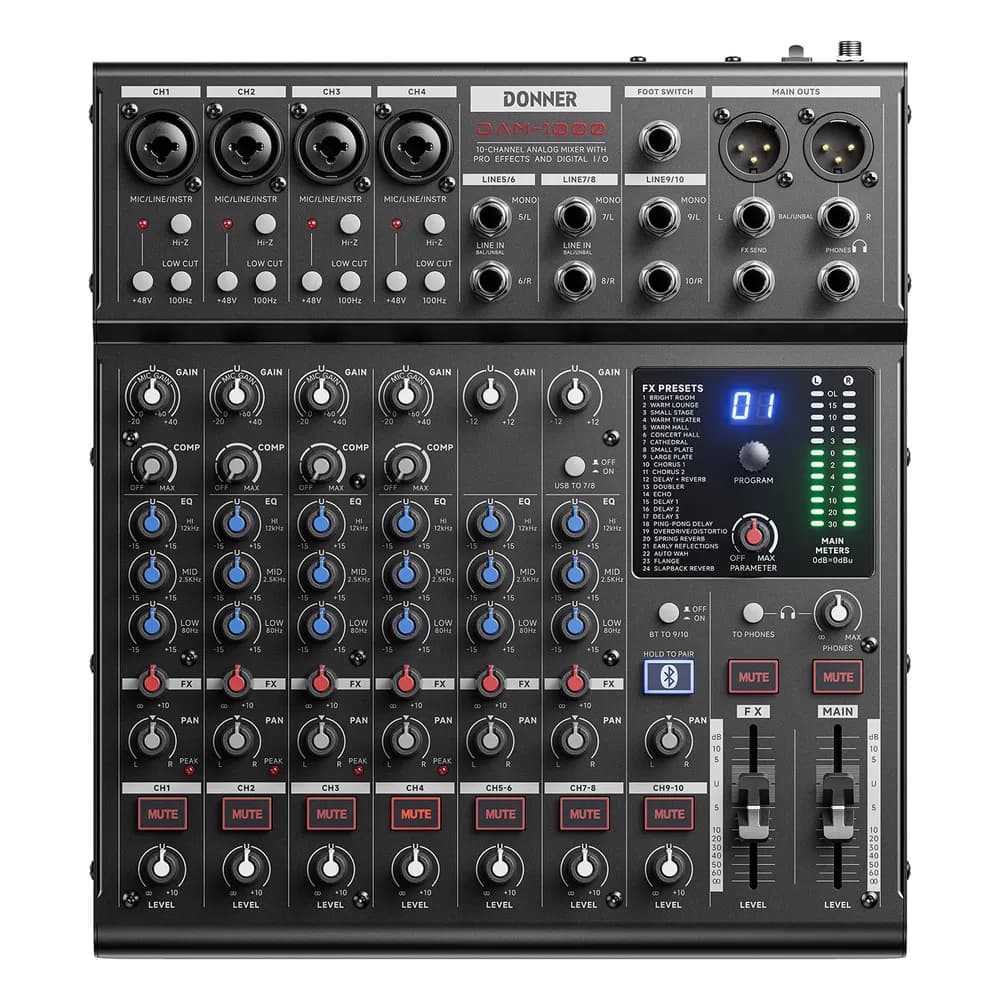 Donner DAM1000 – Mesa de Sonido de 10 Canales con USB, Bluetooth, Compresores y Efectos