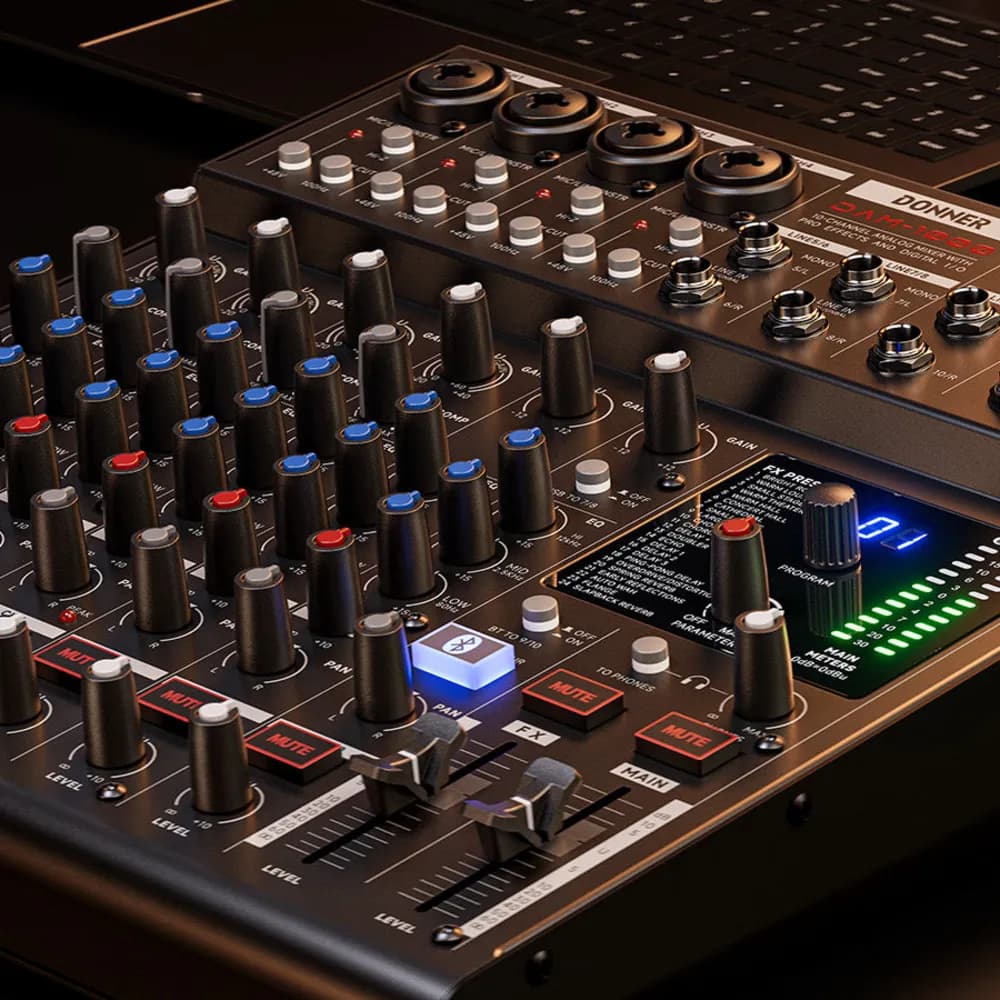 Donner DAM1000 – Mesa de Sonido de 10 Canales con USB, Bluetooth, Compresores y Efectos