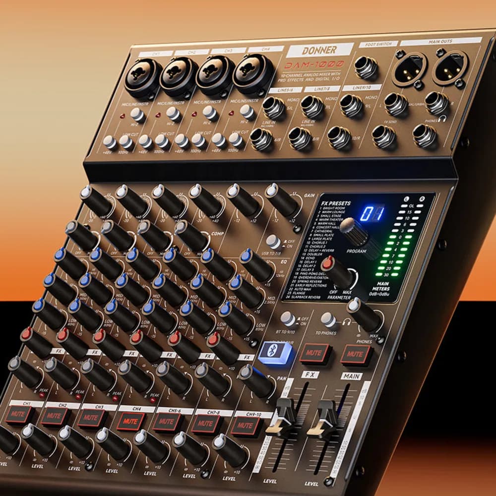 Donner DAM1000 – Mesa de Sonido de 10 Canales con USB, Bluetooth, Compresores y Efectos