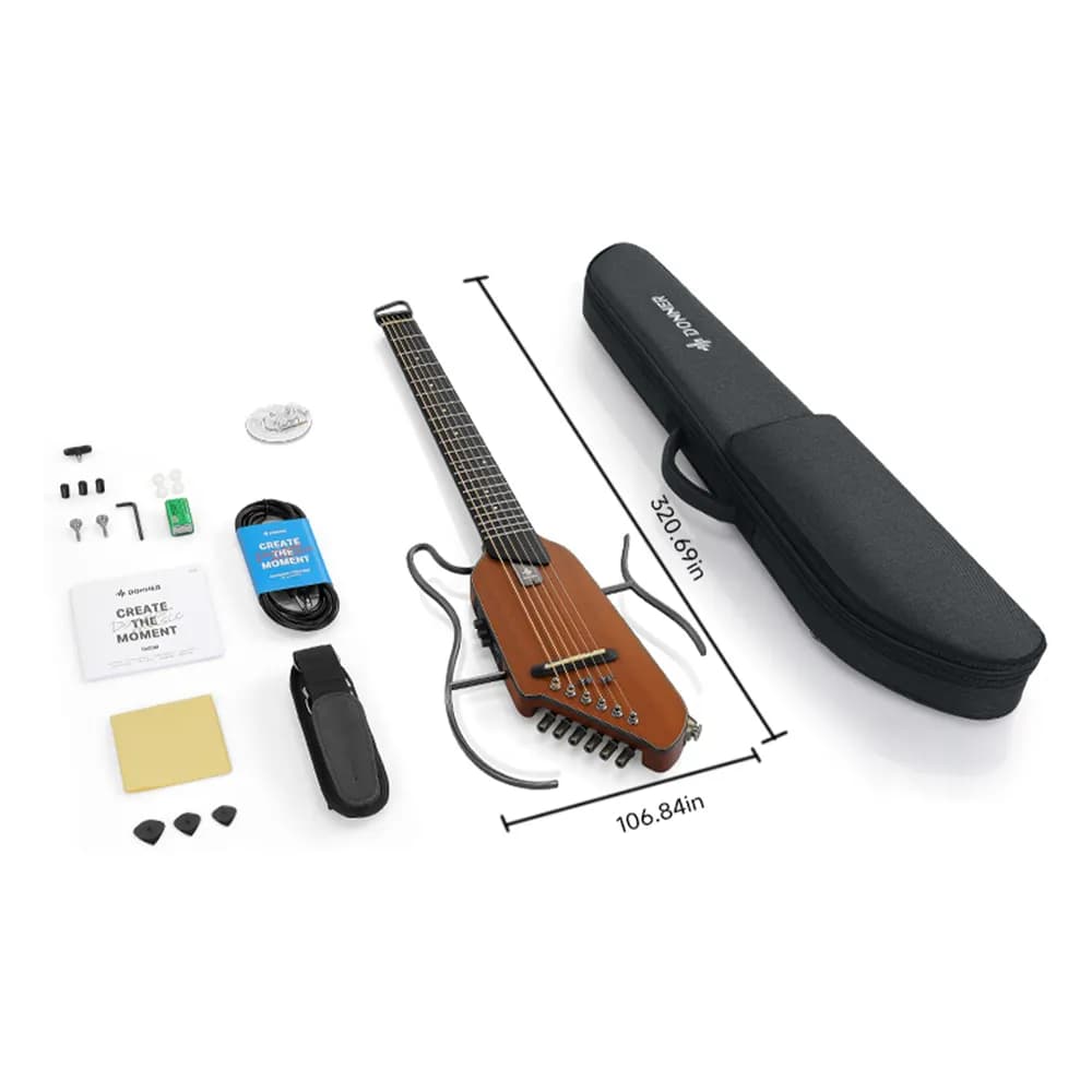 Donner HUSH I EVO2 – Guitarra Silenciosa de Viaje sin Clavijero, con Afinador, Audífonos y Funda