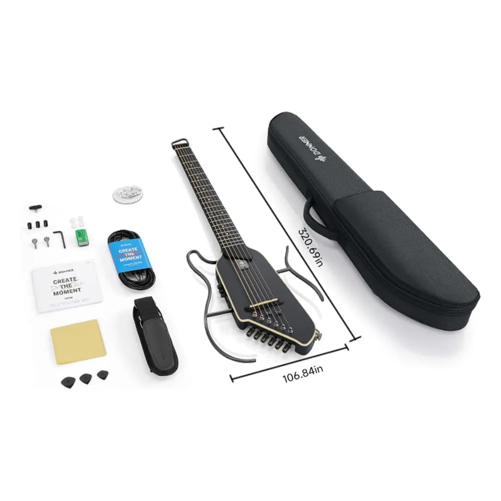 Donner HUSH I EVO2 – Guitarra Silenciosa de Viaje sin Clavijero, con Afinador, Audífonos y Funda