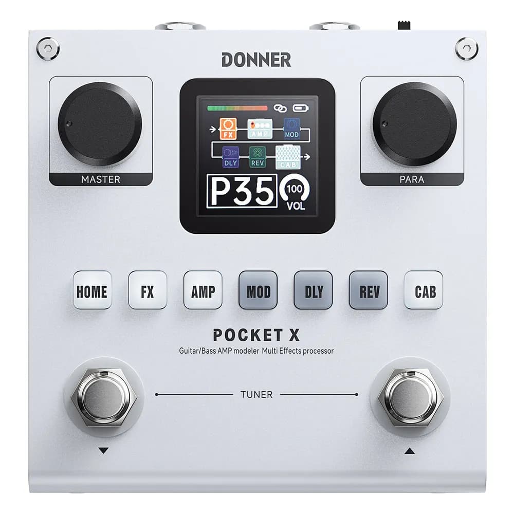 Donner PocketX – Pedal Multiefecto y Simulador de Amplificador para Guitarra y Bajo, con Batería