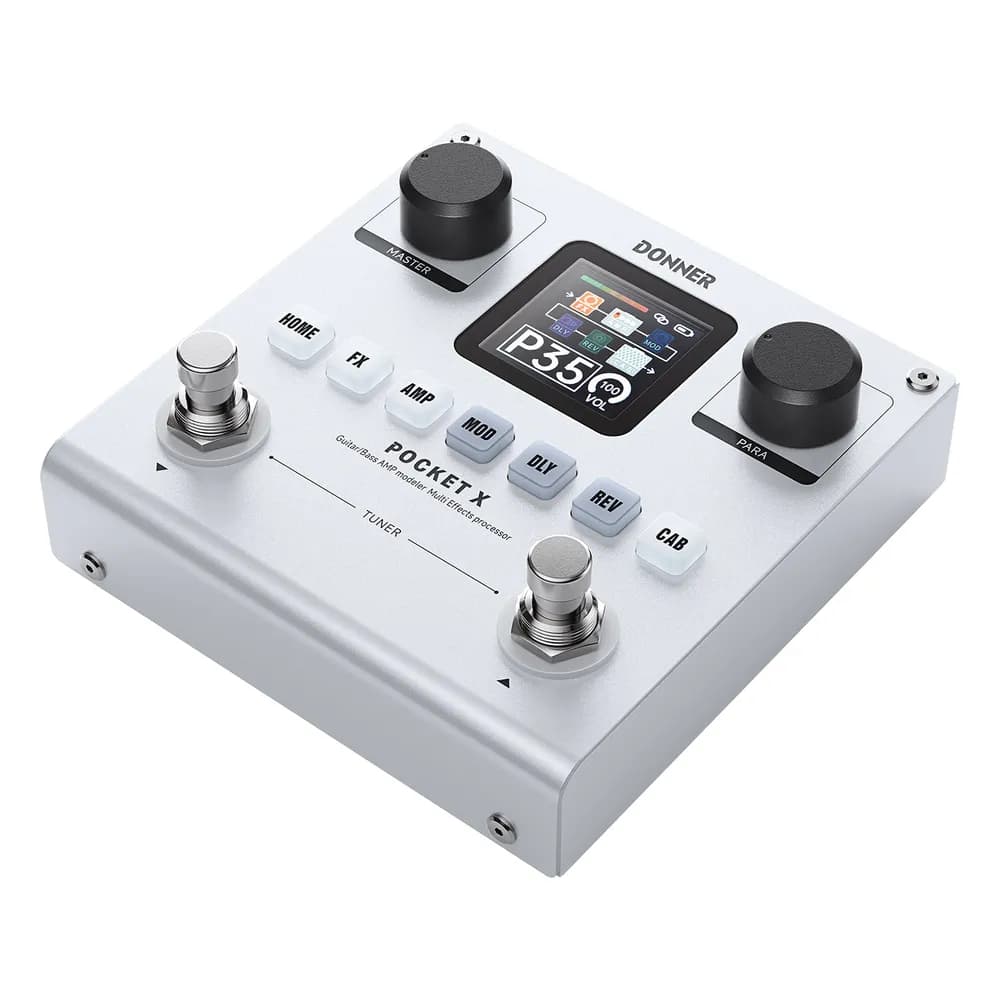 Donner PocketX – Pedal Multiefecto y Simulador de Amplificador para Guitarra y Bajo, con Batería