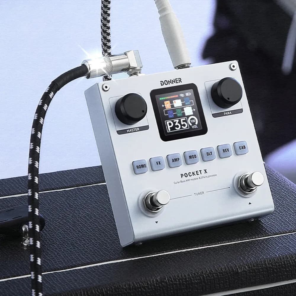 Donner PocketX – Pedal Multiefecto y Simulador de Amplificador para Guitarra y Bajo, con Batería