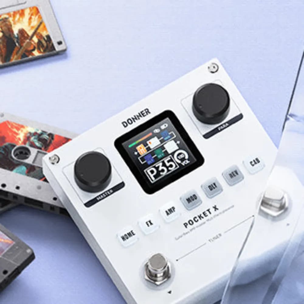 Donner PocketX – Pedal Multiefecto y Simulador de Amplificador para Guitarra y Bajo, con Batería