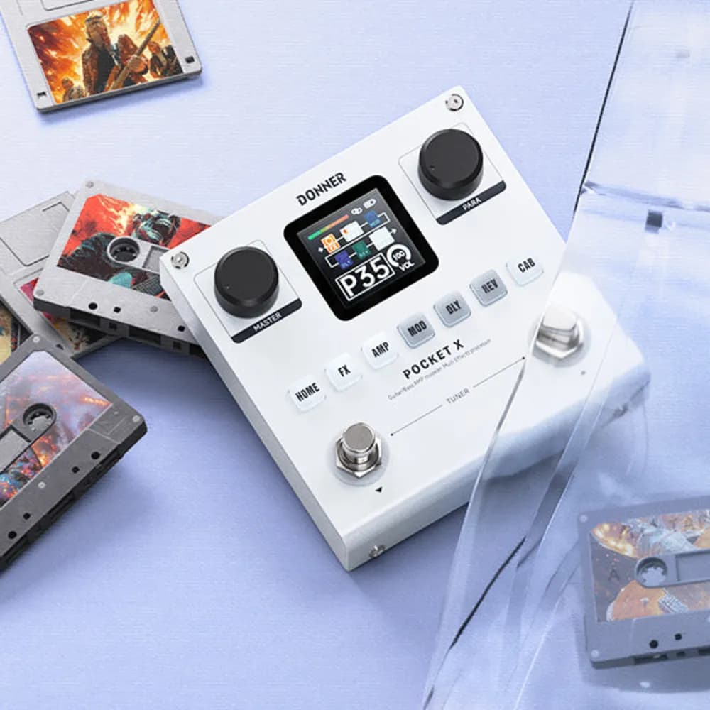 Donner PocketX – Pedal Multiefecto y Simulador de Amplificador para Guitarra y Bajo, con Batería
