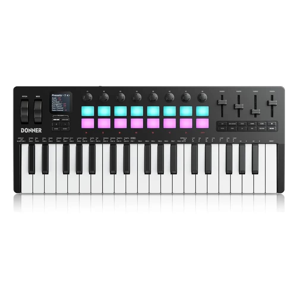 Donner STARRYKEY-37 PLAY – Teclado MIDI de 37 Teclas con 128 Sonidos, Pads y Conexión Inalámbrica