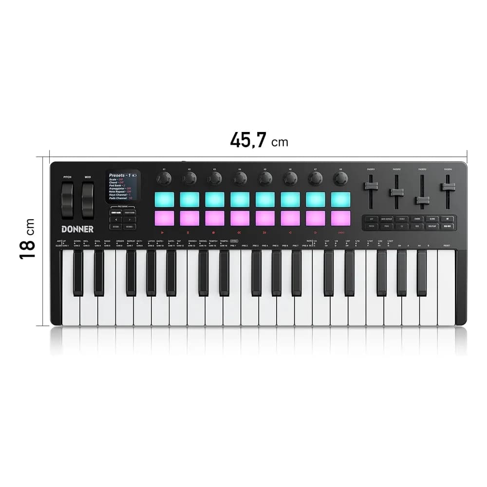 Donner STARRYKEY-37 PLAY – Teclado MIDI de 37 Teclas con 128 Sonidos, Pads y Conexión Inalámbrica